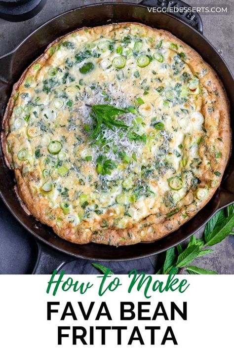 Table with a skillet of fava bean frittata. Veg Frittata Recipes, Silverbeet Frittata, Fritata Recipe Vegan, Fava Bean Tofu, Broad Bean Recipes, Fava Beans Recipes, Chard Frittata, Fava Bean, Vegetarian Recipes Lunch