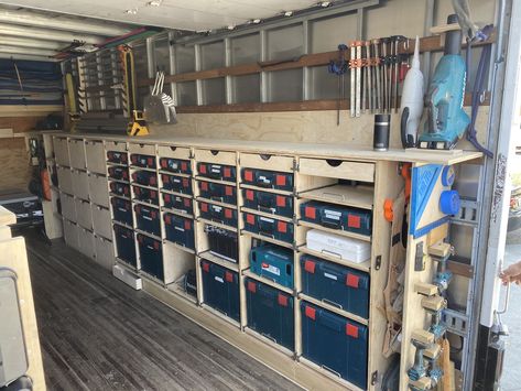 Work truck organization and set up used by Chad Reitan at AC Designers and Craftsmen for rough and finish carpentry, cabinetry and architectural woodwork and millwork.  Passenger side Box Truck Shelving Ideas, Job Trailer Organization, Trailer Layout, Trailer Shelving, Work Truck Organization, Container Workshop, Construction Trailer, Work Truck Storage, Organization Storage Ideas