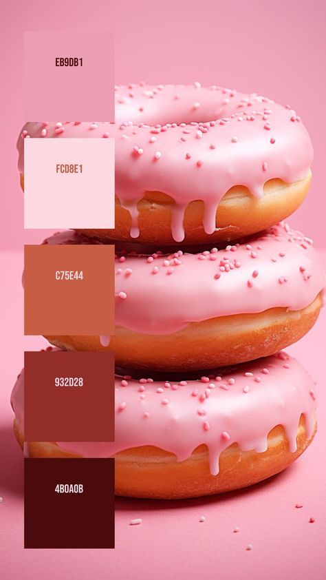 Colors: EB9DB1 ° FCD8E1 ° C75E44 ° 932D28 ° 4B0A0B Glazed Doughnuts, Color Schemes Colour Palettes, Color Collage, Pink Donuts, Retro Graphics, Color Palette Design, Aesthetic Colors, Colour Schemes, Color Pallets