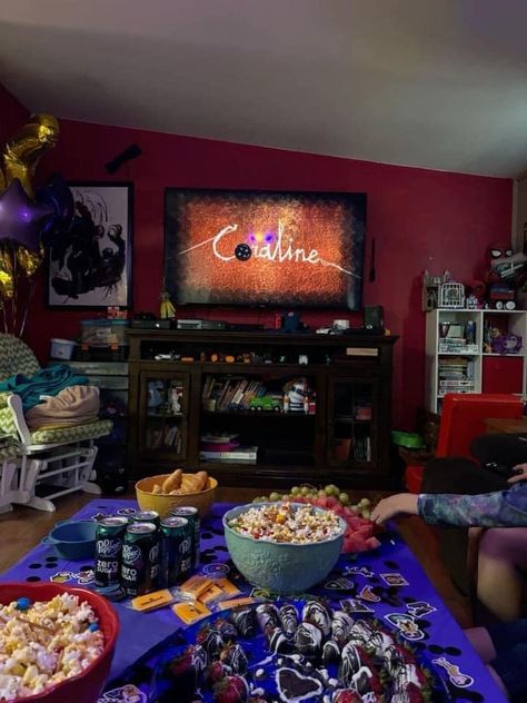 Coraline Themed Movie Night, Coraline Watch Party, Coraline Halloween Party, Coraline Birthday Ideas, Coraline Bday Party, Coraline Snacks, Coraline Themed Party, Coraline Theme Party, Coraline Party Ideas