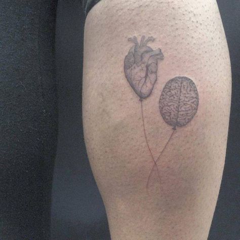 Single needle heart and brain balloons tattoo on the calf. Balloons Tattoo, Calf Tattoos For Women, Second Tattoo, Brain Tattoo, Balloon Tattoo, Heart And Brain, Gaming Tattoo, Tattoo Shows, Calf Tattoo