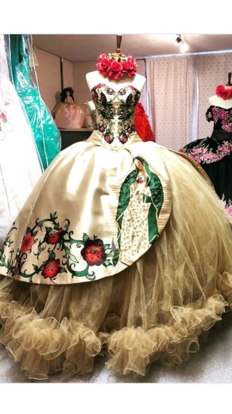 Quinceanera Dresses Mariachi, Quince Mexican Theme Dress, Mexican Themed Quinceanera Dresses, Xv Dresses Charro, Quince In Rancho, Charo Quinceanera Dresses Pink, Virgencita Quince Dress, Quinceanera Dresses Traditional, Traditional Quinceanera Dresses Mexican