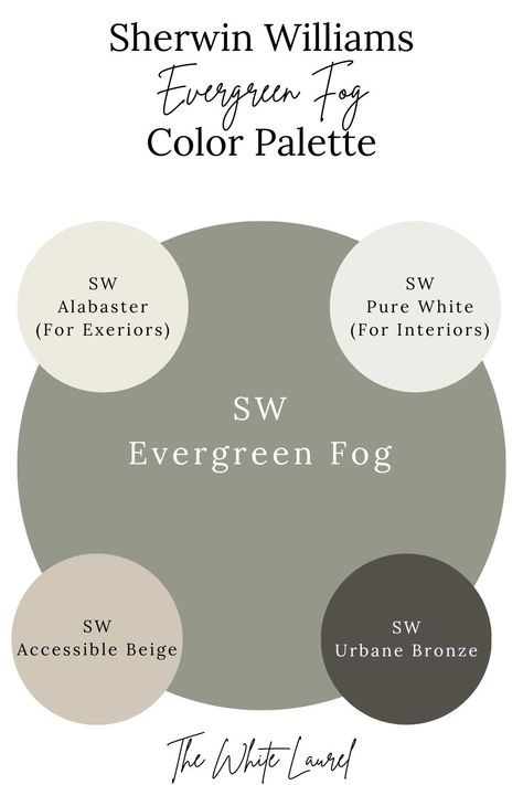 Evergreen Fog: Is This The Perfect Green Gray Paint Color For Your Home? - THE WHITE LAUREL Evergreen Fog Color Palette Bedroom, Sherwin Williams Pewter Green Color Palette, Evergreen Fog Accent Colors, Deep Green Paint Colors Sherwin Williams, Sw Evergreen Fog Cabinets, Evergreen Fog Sherwin Williams Bathroom, Greyish Green Paint, Evergreen Fog Exterior House, Evergreen Fog Coordinating Colors