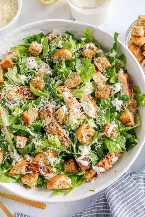 Healthy Chicken Caesar Salad - Eat Yourself Skinny Caesar Salad With Chicken, Chicken Cesear Salad Dinner, Chicken Ceaser Pasta Salads, Salad Cesar, Caesar Chicken Salad, Lemon Parmesan Salad, Healthy Caesar Dressing, Vacation Recipes, Healthy Caesar Salad