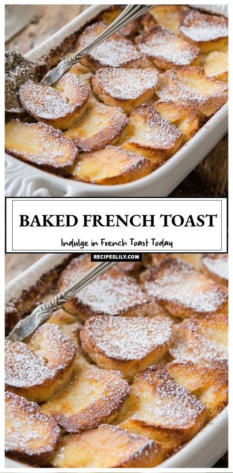 I love starting my day with this delicious baked French toast! It's perfectly sweet, incredibly easy to make, and just the right amount of indulgence. Topped with a dusting of powdered sugar, it's the perfect brunch treat for any occasion. You won’t want to miss this delightful recipe! French Bread French Toast Recipe, Baked French Toast Casserole Quick, Oven Baked French Toast Casserole, Birthday French Toast, Oven Baked French Toast Easy, French Bread Breakfast Ideas, French Toast With French Bread, Ina Garten French Toast, Upside Down French Toast