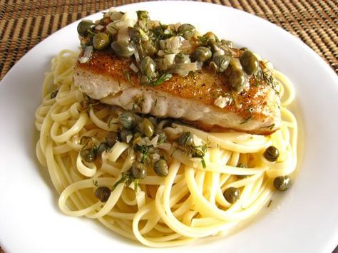 Halibut with a Lemon Dill Caper Sauce on Fettuccine Shrimp Butter Sauce, Dill Sauce Recipe, Shrimp Butter, Pasta Lemon, Closet Cooking, Lemon Shrimp, Halibut Recipes, Dill Sauce, Lemon Butter