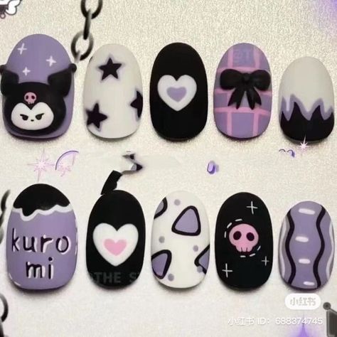 Cats Nail Art, Easy Kuromi Nails, Kuromi Nails For Kids, Kuromi Nails Acrylic Short, Kuromi Nails Short Simple, Sanrio Nail Art Kuromi, Kuromi Nails Simple, Kuromi Nail Designs, Sanrio Nail Designs