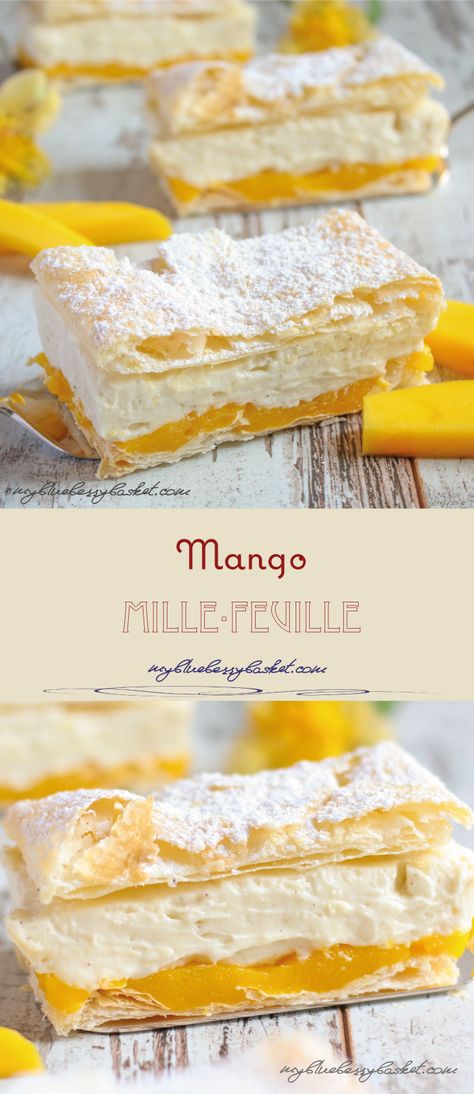 Mango Mille-Feuille (Mango Cremeschnitten), a fruity dessert with layers of puff pastry, mango puree and vanilla cream. Simply irresistible and quite easy to make. Mango Pastry Cream, Mango Cream Pie, Mango Puff Pastry, Fruity Dessert, Puff Pastries, Mango Dessert, Mango Puree, Bake Cheesecake, Mango Recipes