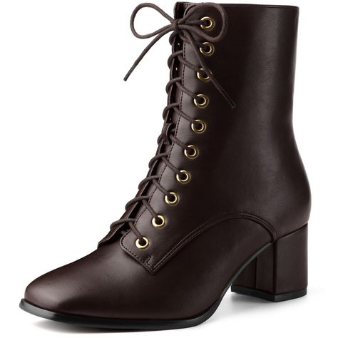 These chic square-toe booties are designed with a front lace-up, and side zipper and feature a block heel for a contemporary update. And they can allow the toes to move comfortably. Lace Up Ankle Boots; Square Toe; Chunky Heels; Block Heel; Side Zipper; Vamp: Faux Leather; Outsole: Rubber; Heel: ABS; Heel Height: 2 3/8 inches; Shaft Height: 6 1/2 inches. Lace Up Chunky Heels, Heels Block Heel, Ankle Combat Boots, Heels Block, Lace Ankle Boots, Chunky Heel Ankle Boots, Boots Square Toe, Womens Chunky Heels, Closed Toe Shoes