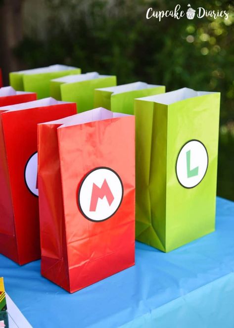 Super Mario Bros. Birthday Party Goody Bags with Free Printable Tags Birthday Party Goody Bags, Mario Bros Birthday Party, Super Mario Gifts, Super Mario Bros Birthday, Party Goody Bags, Mario Brothers Birthday Party, Mario Kart Party, Mario Bros Birthday Party Ideas, Nintendo Party