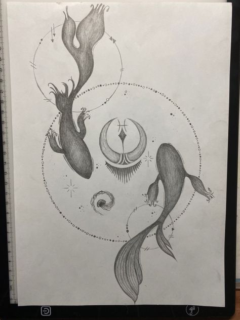 Pisces Sign Drawing, Pisces Zodiac Drawing, Zodiac Signs Pisces Art, Picies Zodiac Drawings, Pieces Zodiac Drawing, Zodiac Signs Sketches, Pisces Drawing Ideas, Pices Zodiac Drawing, Pisces Drawing Zodiac