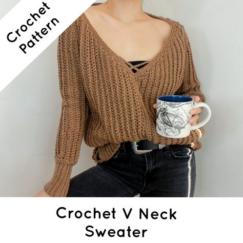 Crochet V Neck Sweater Chrochet Sweaters, Crochet V Neck Sweater Pattern, Fall V-neck Crochet Top, Crochet Henley Pattern, Fitted V-neck Crochet Knit Top, Crochet Deep V Neck Sweater Pattern, Crochet V-neck Sweater For Spring, Crochet Top Outfits, Crochet V Neck Sweater