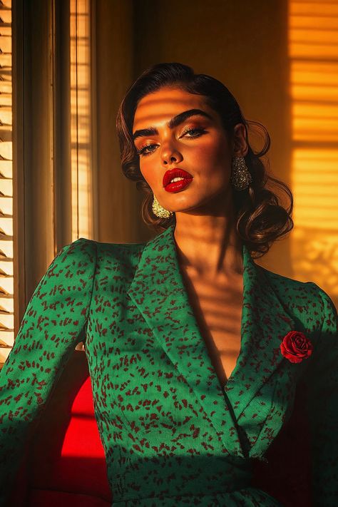 Striking AI-generated vintage-inspired portrait showcasing dramatic window light and shadow play. Features a model in an emerald green patterned dress with a red rose accent, classic victory roll hairstyle, and sparkling earrings. The warm golden light through venetian blinds creates a film noir atmosphere. Perfect for retro glamour, vintage fashion, and dramatic portrait inspiration.  #aiart  #midjourney #vintageportrait #retroglamour #dramaticlighting #fashionphotography #goldenhour #venetianblinds Midjourneyart Fashion, Victory Roll, Futuristic Streetwear, Dramatic Portrait, Sparkling Earrings, Roll Hairstyle, Retro Glamour, Glamour Vintage, Window Light