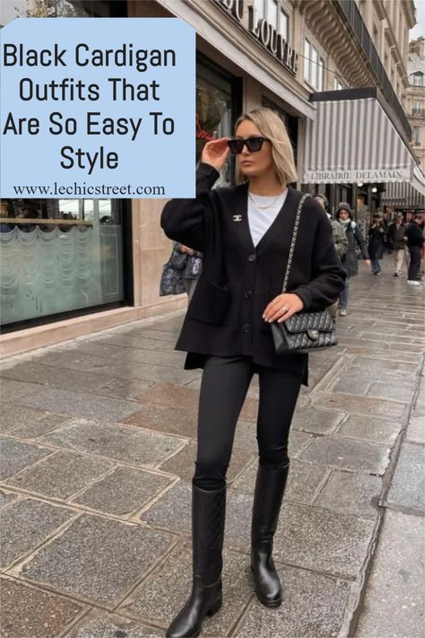 Black Cardigan Outfits That Are So Easy To Style. Looking for ways to style the humble cardigan? There are plenty of cardigan outfit and cardigan outfits to wear fall fashion or spring fashion. Find inspo for black cardigan outfits to wear with almost any wardrobe essential. The black cardigan sweater is needed in all wardrobe. Find black cardigans outfit inspo. #cardigan #cardiganoutfit #blackcardigan #blackcardiganoutfit #cardiganoutfits Black Oversized Cardigan Outfit, Boyfriend Cardigan Outfit, Black Cardigan Outfits, Maxi Cardigan Outfit, Short Cardigan Outfit, Cardigans Outfit, Open Front Cardigan Outfit, Oversized Cardigan Outfit, Black Cardigan Outfit