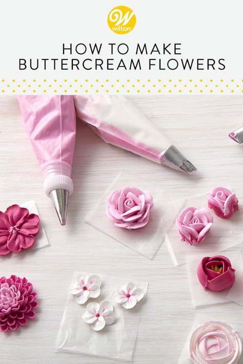 Desserts teeming with artful and realistic blossoms have been all over Pinterest, Instagram, and our favorite blogs — and although they look intricate, they're fairly easy to create. Here are our best tips on how to make buttercream flowers. #wiltoncakes #blog #blogpost #buttercreamflowers #buttercreampiping #pipingtips #wiltontips #pipingbag #howto #educational #cakedecorating #cakeideas #homemade #pipingbag #flowers #floral #springtime #spring #springbaking #freshflowers #edibleflowers Cake Tips For Flowers, Diy Icing Flowers, Types Of Buttercream Flowers, Floral Icing Tips, Making Buttercream Flowers, Making Flowers For Cakes, How To Make Icing Flowers Easy, Buttercream Spring Flowers, Stiff Buttercream Frosting For Flowers