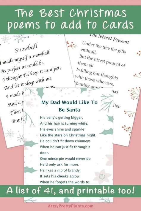 The best Christmas poems –perfect for cards and family traditions –free to print. Poems for kids and adults, funny poems, religious, and classic ones. #Printables #holidayplanning #christmasactivity #holidaycrafts #artsyprettyplants Poems That Rhyme, Christmas Rhyming, Christmas Poems For Cards, Funny Christmas Poems, Holiday Poems, Poems For Kids, Rhyming Poems, Funny Poems, Diy Christmas Tree Ornaments