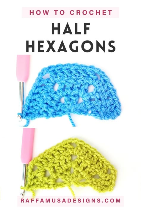 Two double-crochet solid half hexagons. Crochet Hexagon Blanket Edging, How To Crochet Hexagons Together, Crochet Half Hexagon Pattern Free, Honeycomb Granny Square, Half Hexagon Crochet, Half Hexagon Crochet Pattern, Crochet Half Hexagon, Crochet Blanket Hexagon, Granny Pentagon