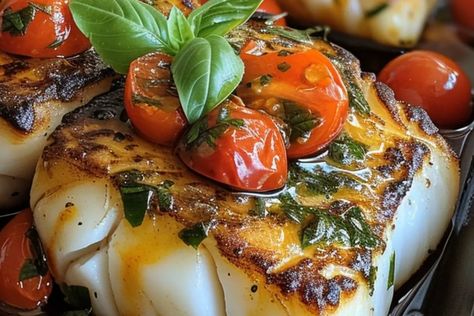 Seared Cod With Tomato Basil Sauce, Pan Seared Cod In Tomato Basil Sauce, Pan Seared Mediterranean Cod In Tomato Basil Sauce, Pan Seared Cod With Tomato Basil Sauce, Pan Seared Mediterranean Cod, Seared Fish Recipes, Cod Tomato Recipe, Greek Food Gyros, Autumnal Recipes