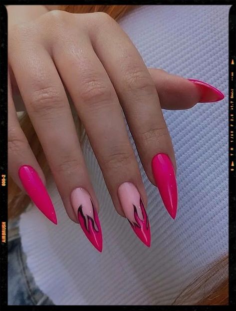 Hot Pink Nails Flames, Pink Flame Nails, Flame Nail Art, Nails For Summer, App Filter, Pointy Nails, Hot Pink Nails, Gothic Nails, Airbrush App