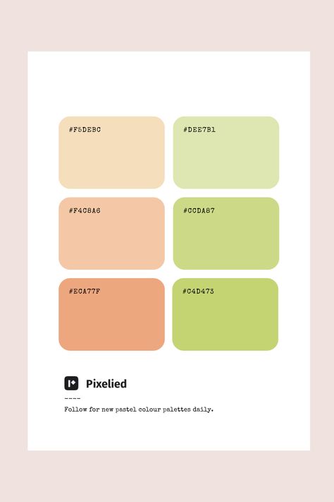 This pastel color palette features a harmonious blend of soft, warm hues ranging from creamy beige and peach to a gentle orange. It transitions seamlessly into delicate shades of light green, creating a refreshing and balanced look. Ideal for illustration, branding, typography, and web UI, these colors evoke a sense of calmness, warmth, and natural elegance. Pastel Orange Color Palette, Color Scheme Generator, Peach Color Palettes, Pantone Green, Color Generator, Orange Palette, Presentation Boards, Pastel Color Palette, Light Peach Color