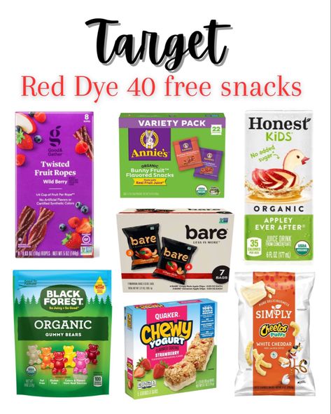 Snacks No Red Dye, Allergy Friendly Snacks For School, Red 40 Dye Free Foods, Red Dye 40 Alternatives, Foods That Contain Red Dye, Dye Free Fruit Snacks, Red Dye 40 Free Food, Red Dye Swaps, Foods With No Red Dye 40