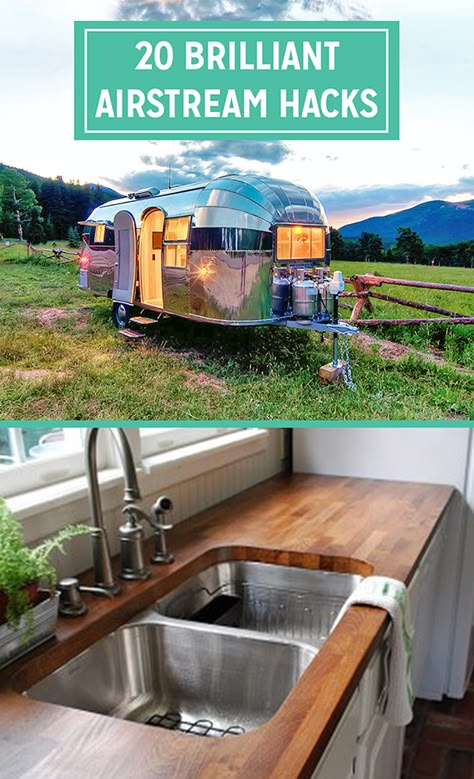 20 Genius Airstream Design Hacks. Liven up your Airstream with these easy modern design tips. New Airstream Decorating Ideas, Airstream Globetrotter Interior, Airstream Interior Ideas Trailer Remodel, Airstream Remodel Before After, Airstream Overlander Remodel, Airstream Interior Layout Floor Plans, Airstream Caravel 20fb Interior, Airstream Full Time Living, Airstream Lighting Ideas