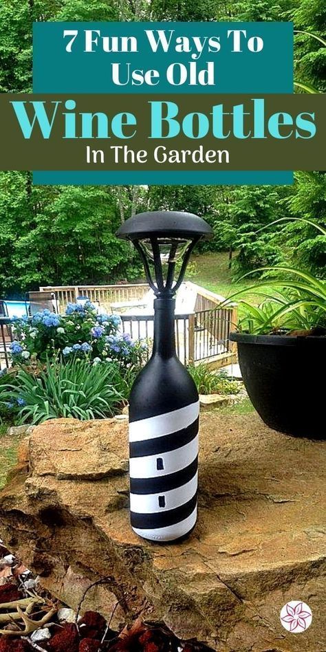 7 Ways To Use Old Wine Bottles In Your Landscape Glasses From Wine Bottles, Wine Bottle Crafts Outdoor, Empty Wine Bottle Ideas Decor, Wine Bottle Painting Ideas, Bottles In The Garden, Wine Bottle Garden, Blue Wine Bottles, Container Water Gardens, Old Wine Bottles