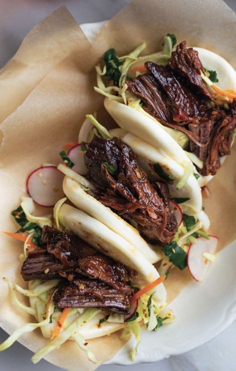 Recipe: Boneless Short Ribs and Bao Buns | Eat + Drink | southsoundmag.com Short Rib Bao Buns, Beef Boa Buns, Korean Beef Bao Buns, Beef Bao Buns Recipe, Korean Bao Buns, Bao Buns Recipe Beef, Beef Bao Buns, Beef Bao, Short Rib Recipes