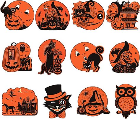 Amazon.com: Vintage Halloween Decorations, 12 Pieces Large Size Double Side Laminated Halloween Cutouts for Halloween Party Decorations, Old Style Halloween Wall Window Decor for Retro Halloween Decoration : Home & Kitchen Retro Halloween Decorations, Halloween Cutouts, Stary Papier, Beistle Halloween, Vintage Halloween Party, Vintage Halloween Art, Vintage Halloween Witch, Halloween Decor Diy, Chat Halloween