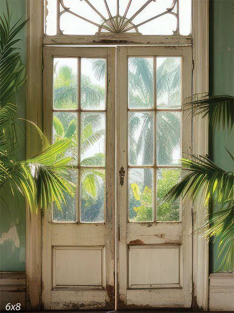 Rustic Tropical Door Photography Backdrop - Rustic tropical door photography backdrop featuring a vintage door with distressed paint framed by lush tropical palms. Carribean Decor, West Indies House, British Colonial Interior Design, Tropical Bungalow, Colonial Doors, Tropical Cottage, West Indies Decor, Tropical Doors, Tropical Windows