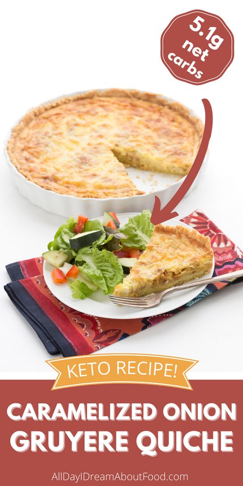 The best keto low carb quiche you will ever make. Tender almond flour crust, sweet caramelized onions, and Gruyere make this grain-free quiche perfect for brunch or dinner. Gruyere Quiche, How To Carmalize Onions, Almond Flour Crust, Low Carb Quiche, Keto Quiche, Onion Quiche, Carmelized Onions, Onion Tart, Cheese Quiche