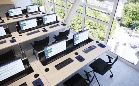 Computer Desks for single or dual users create multi-use training and education spaces by storing computers within desk bases, quickly and securely. School Computer Room, Lab Komputer, Training Center Design, University Interior Design, Elementary School Projects, School Building Design, Computer Training, Creative Office Space, School Store