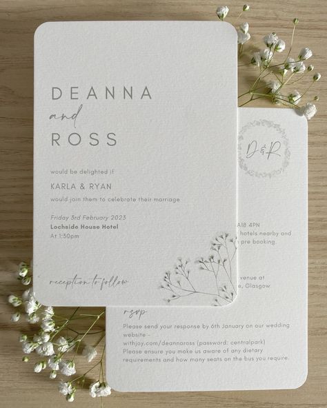 House Suite Number 4 - Who else loves gypsophila? This is Deanna 🤍 Classic and minimal with subtle sage green highlights and soft rounded corners, I love this one. If gypsophila isn't in your wedding flowers, change it to something that is so it fits in with your theme! #bluewedding #pearlweddingstationery #stationerydesigner #handmade #bespoke #weddinginvitations #weddinginvites #smallbusiness #wedding #weddingplanning #weddingstationery #weddingideas #weddingstationeryuk #weddingdesignide... Wedding Invitations Rounded Corners, Gypsophila Wedding Invitation, Emily Duncan, Sage Green Wedding Invitations, Wedding Invitations Examples, Gypsophila Wedding, Invitation Examples, Bespoke Wedding Stationery, Wedding Moodboard