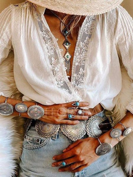 Vetement Hippie Chic, Look Hippie Chic, Look Boho Chic, Mode Hippie, Lace Blouse Long Sleeve, Estilo Hippie, White Lace Blouse, Mode Boho, Bracelets Diy