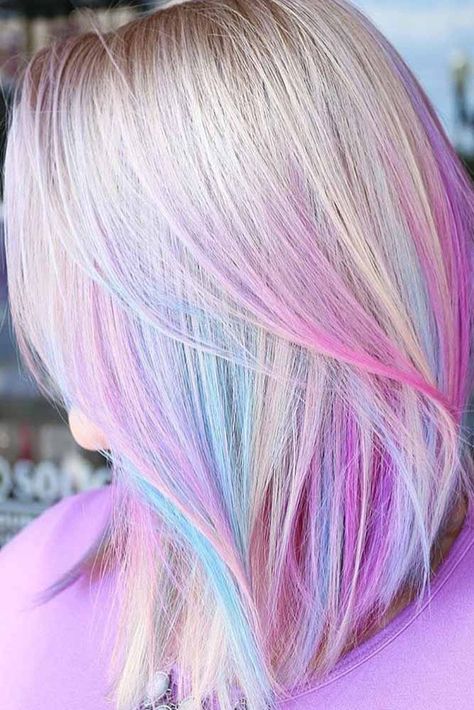 Peep A Boo Hair Color, Pastel Multicolor Hair, Purple And Pink Hair Highlights, Blonde Hair With Fun Colors, Vivid Hair Color Ideas Blondes, Fun Hair Color Ideas For Blondes Trends, Blonde Hair With Color Peekaboos, Unicorn Hair Dye, Unicorn Hair Color