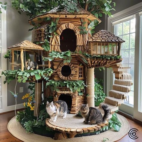 Elevate your feline friend’s playtime with the Giant Treehouse Inspired Cat Tree, a marvel of whimsical design and feline functionality. Crafted to mimic the enchanting allure of an actual treehouse, this multi-tiered structure boasts a lush faux foliage canopy, sturdy natural wood platforms, and cozy hideaways that cater to your cat’s every need. Conceptual AI Art Follow @ecosapiens for more! Mushroom Cat Trees, Castle Cat Tree, Cute Cat Trees, Cat Diy Projects, Cute Cat House, Diy Cat Stuff, Cat Room Ideas, Cute Cat Tree, Cat Mansion