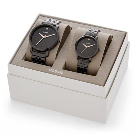 Fossil UNISEX His and Her Lux Luther Three-Hand Black Stainless Steel Watch Gift Set Watch Box Design, Couples Watches, Couple Watches Set, Watches Women Black, Gift Ideas For Adults, Matching Watches, Watch Packaging, Fossil Watches Women, Erica Fernandes