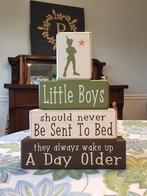 Peter pan nursery decor little boys neverland playroom disney nursery stacking wood blocks distressed home decor painted wood blocks Neverland Nursery, Nursery Ideas Boy, Casa Disney, Stacking Wood, Peter Pan Nursery, Christmas Tree Hoodie, Baby Boy Quotes, Disney Rooms, Disney Nursery