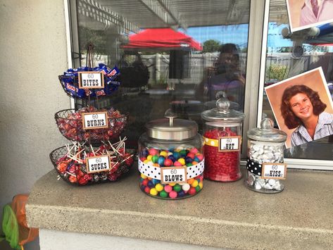 60th Birthday Party idea. Candy jars. Birthday Party Candy Table, 60th Birthday Ideas For Dad, Surprise 60th, Suprise Birthday, Birthday Party Idea, Sweet Carts, 32 Birthday, Birthday Candy, Birthday Party Food