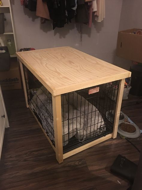 #diy #kennel #doghouse #woodwork Dog Kennel End Table Diy, Diy Kennel, Concrete Blocks Diy, Dog Kennel End Table, Dog Crate Table, Crate Table, Dog Playpen, Puppy Stuff, Indoor Dog