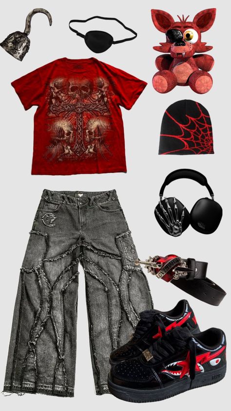 #fnaf #outfitinspo #foxyfnaf Youthful Outfits, Punk Style Outfits, Geeky Clothes, Silly Clothes, Scene Outfits, Alt Outfits, Outfits For Men, Funky Outfits, Punk Outfits