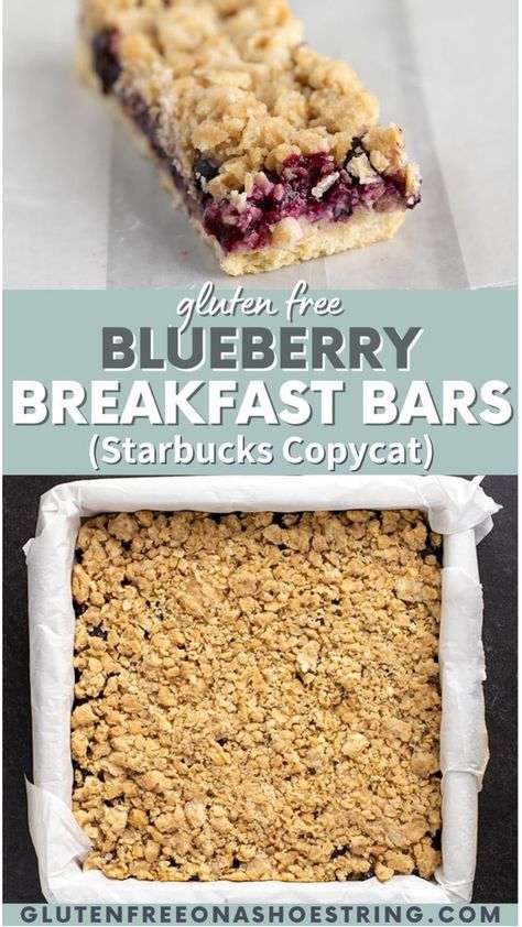 These blueberry gluten free breakfast bars have a shortbread crust, simple fruit filling, and a crispy crumble topping. Whether it’s blueberry season or not, this recipe for Starbucks-style blueberry breakfast bars is a great breakfast alternative to granola bars. I believe that Starbucks calls them blueberry oat bars. #glutenfreebreakfast #glutenfreesnacks Gluten Free Fruit Bars, Gluten Free Dairy Free Breakfast Bars, Gf Breakfast Bars, Gluten Free Blueberry Bars, Almond Flour Breakfast Bars, Blueberry Bars Recipes Easy, Blueberry Recipes Gluten Free, Dairy Free Breakfast Bars, Breakfast Oat Bars