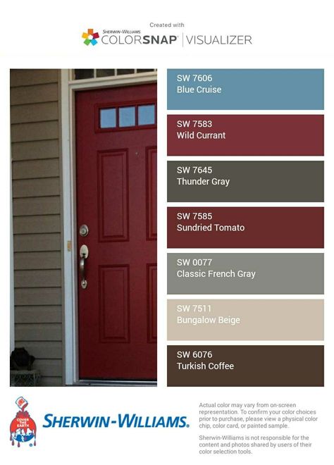 Burgundy Garage Doors, Burgandy House Exterior Paint Colors, Maroon Doors On Houses, Burgundy House Exterior, Dark Front Door, Grey Windows, Red Front Door, Grey Houses, Outside Patio