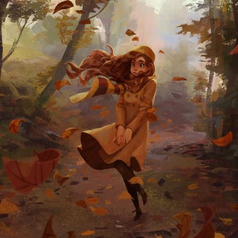 Leaves Blowing In The Wind Drawing, Autumn Character Design, Wind Blowing Drawing, Hair In The Wind Drawing, Simone Grunewald Art, Wind Illustration, Autumn Forest Fantasy Art, Autumn Posters, Fall Drawings Autumn Girl