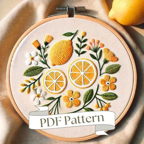 This is a hand embroidery pattern meant for all skill levels. Get to work right after receiving your instant download!  Whole Shop Bundle (260+ Patterns): https://theunraveledthreads.etsy.com/listing/1735215929/whole-shop-bundle-hand-embroidery Food Mini Bundle: https://theunraveledthreads.etsy.com/listing/1768987517/mini-bundle-fruit-hand-embroidery *Please note: This does not include a stitching guide. This is a traceable pattern only. See photo section for example of PDF downloads.  This patt Italian Embroidery Patterns, Lemon Embroidery Pattern, Fruit Embroidery Patterns, Citrus Embroidery, Embroidery Design Easy, Lemon Embroidery, Pdf Pattern Embroidery, Food Embroidery, Fruit Embroidery