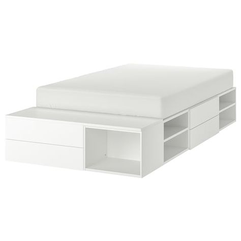 PLATSA Cadre lit avec rangement - blanc - IKEA No Closet Solutions, Ikea Bed, White Bed, Material Bed, Bed Frame With Storage, Bed Slats, Bed Base, One Bedroom Apartment, Ikea Hacks