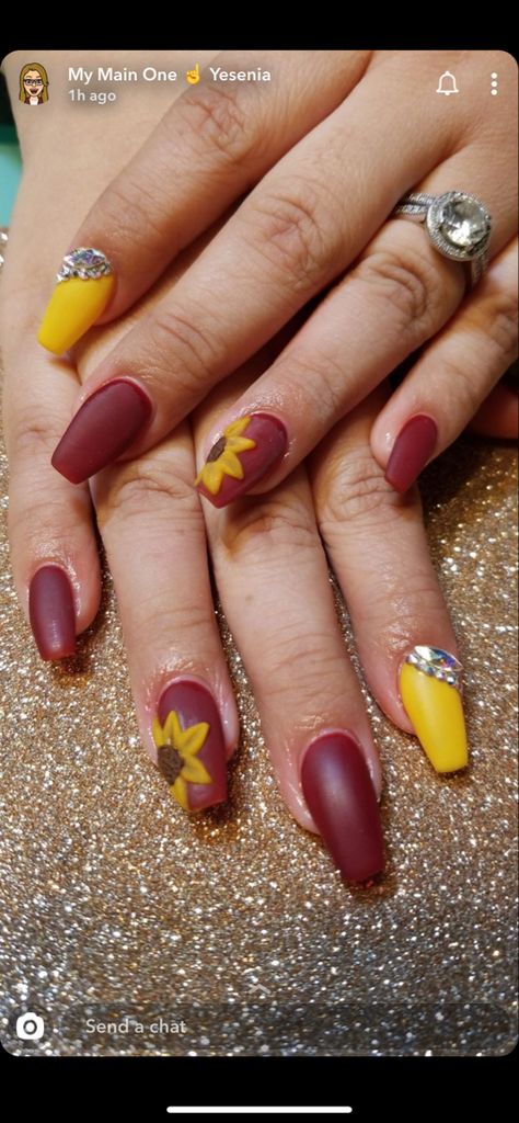 Yellow And Maroon Nails, Maroon And Sunflower Nails, Maroon Sunflower Nails, Yellow And Burgundy Nails, Red Sunflower Nails, Maroon And Yellow Wedding, Graduate Nails, Fall Sunflower Nails, Moms Nails