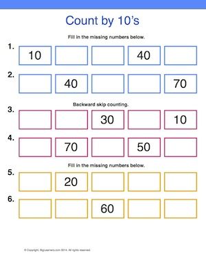 Worksheet | Count by 10's | Practice forward and backward skip counting by 10's. Count By Tens Worksheet, Count By 10s Worksheet, Counting By Tens Worksheet, Skip Counting In 2s Worksheet, Math Activities Preschool Counting, Backward Counting Worksheets 1-10, Skip Counting By 10's Worksheet, Counting 10-20 Worksheets, Skip Counting By 10