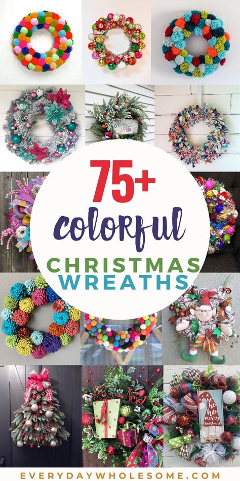 Colorful Christmas Wreaths Diy, Alternative Wreath Ideas, Blue Christmas Wreaths Diy, Christmas Wreaths Colorful, Christmas Front Door Decorations Diy, Fun Wreath Ideas, Kids Wreath, Christmas Wreaths Diy Kids, Kids Wreaths Christmas