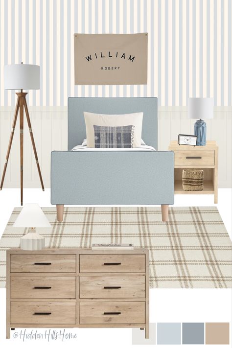 Cute boys bedroom mood board with light blue and brown tones throughout! This bedroom features a blue upholstered bed paired with a wooden nightstand and dresser! Over the bed is a cute custom name sign! Blue Toddler Room Boy, Light Blue Boys Room, Preppy Boys Room, Kids Room Mood Board, Light Blue Boys Bedroom, Coastal Boys Bedroom, Pottery Barn Boys Bedroom, Neutral Boys Bedroom, Blue And Brown Bedroom